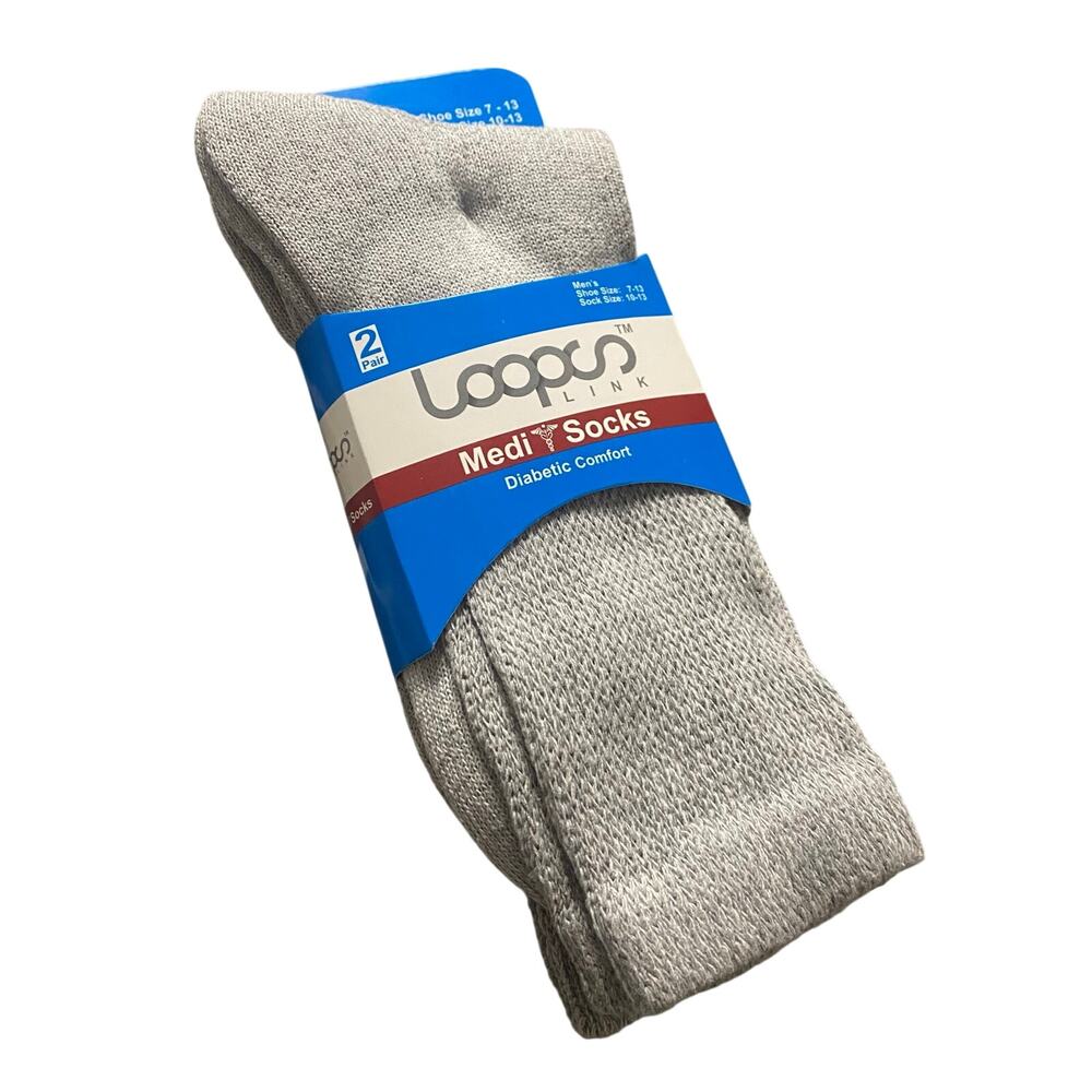 NEW 2 PAIR Loops Link Medi Sock Diabetic Comfort in Gray for Shoe Size 7-13